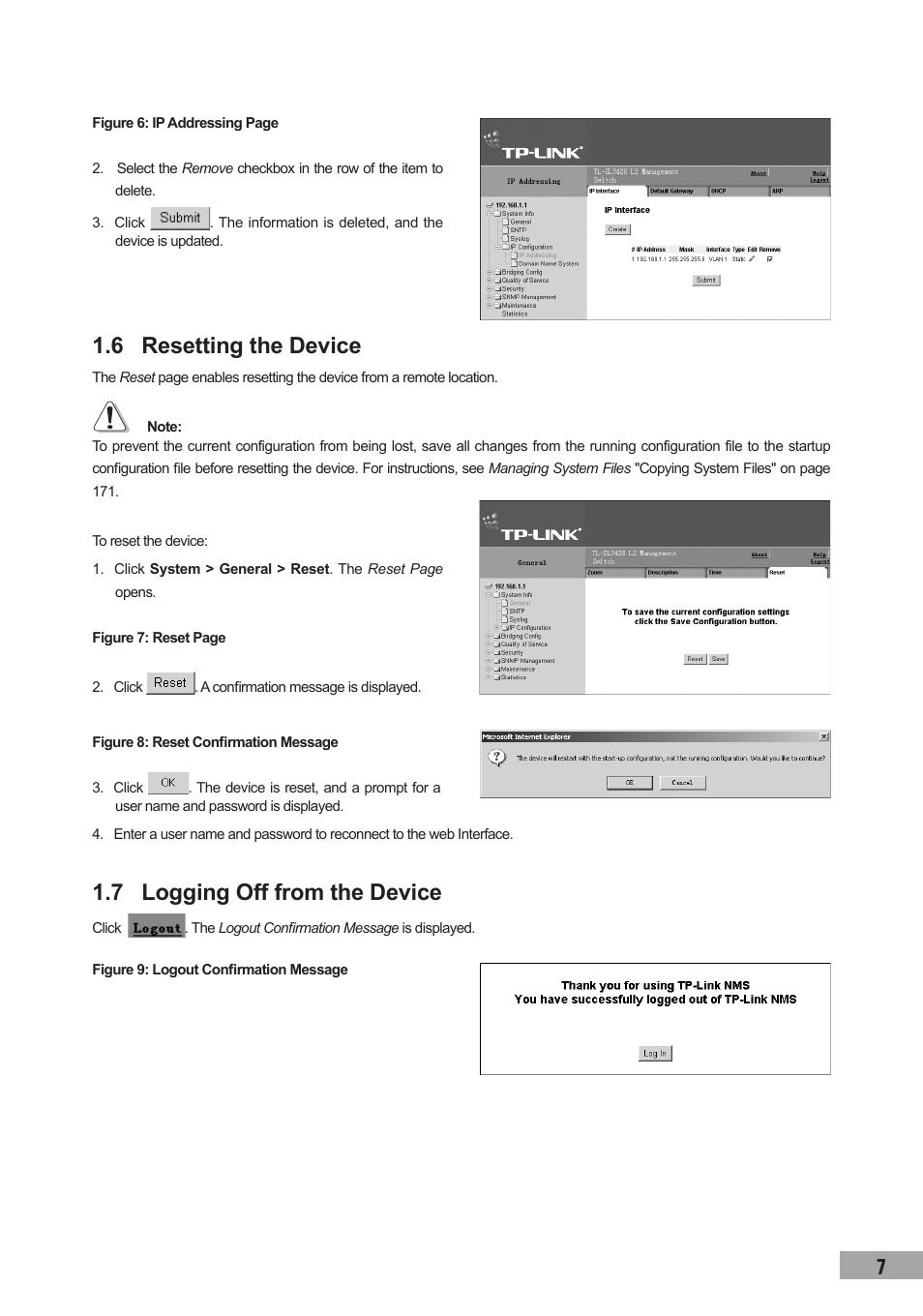 6 resetting the device, 7 logging off from the device | TP-Link TL-SL3452 User Manual | Page 14 / 120