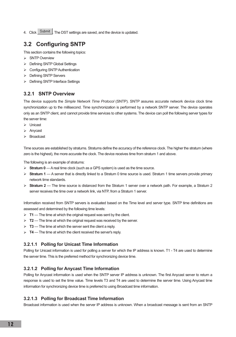 2 configuring sntp, 1 sntp overview, 1 polling for unicast time information | 2 polling for anycast time information, 3 polling for broadcast time information | TP-Link TL-SL3452 User Manual | Page 19 / 120