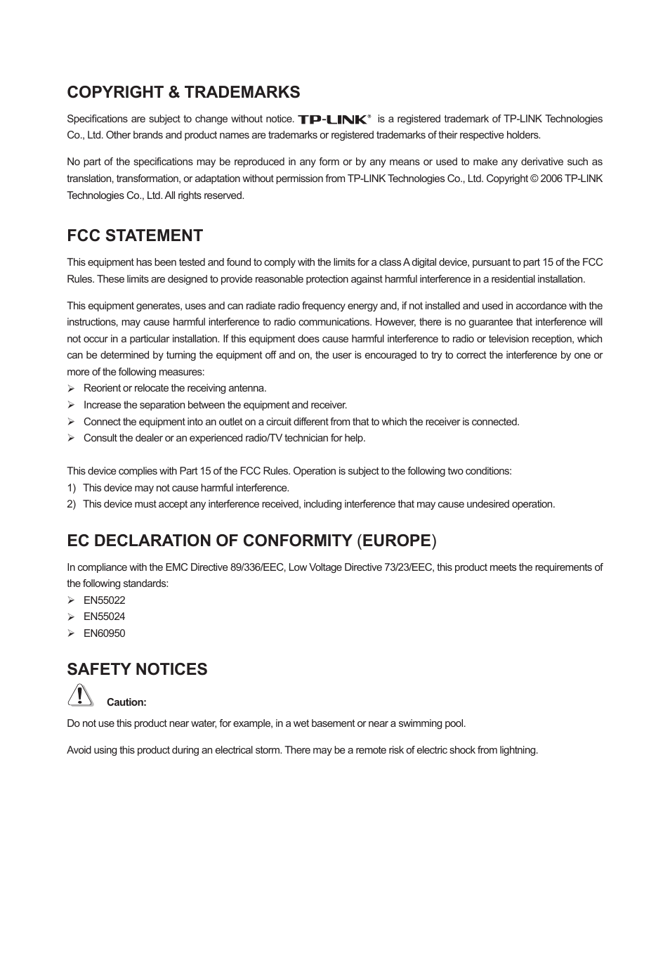Copyright & trademarks, Fcc statement, Ec declaration of conformity ( europe ) | Safety notices | TP-Link TL-SL3452 User Manual | Page 2 / 120