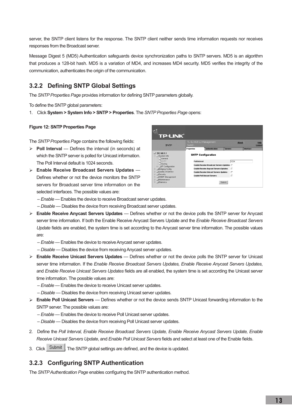 2 defining sntp global settings, 3 configuring sntp authentication | TP-Link TL-SL3452 User Manual | Page 20 / 120