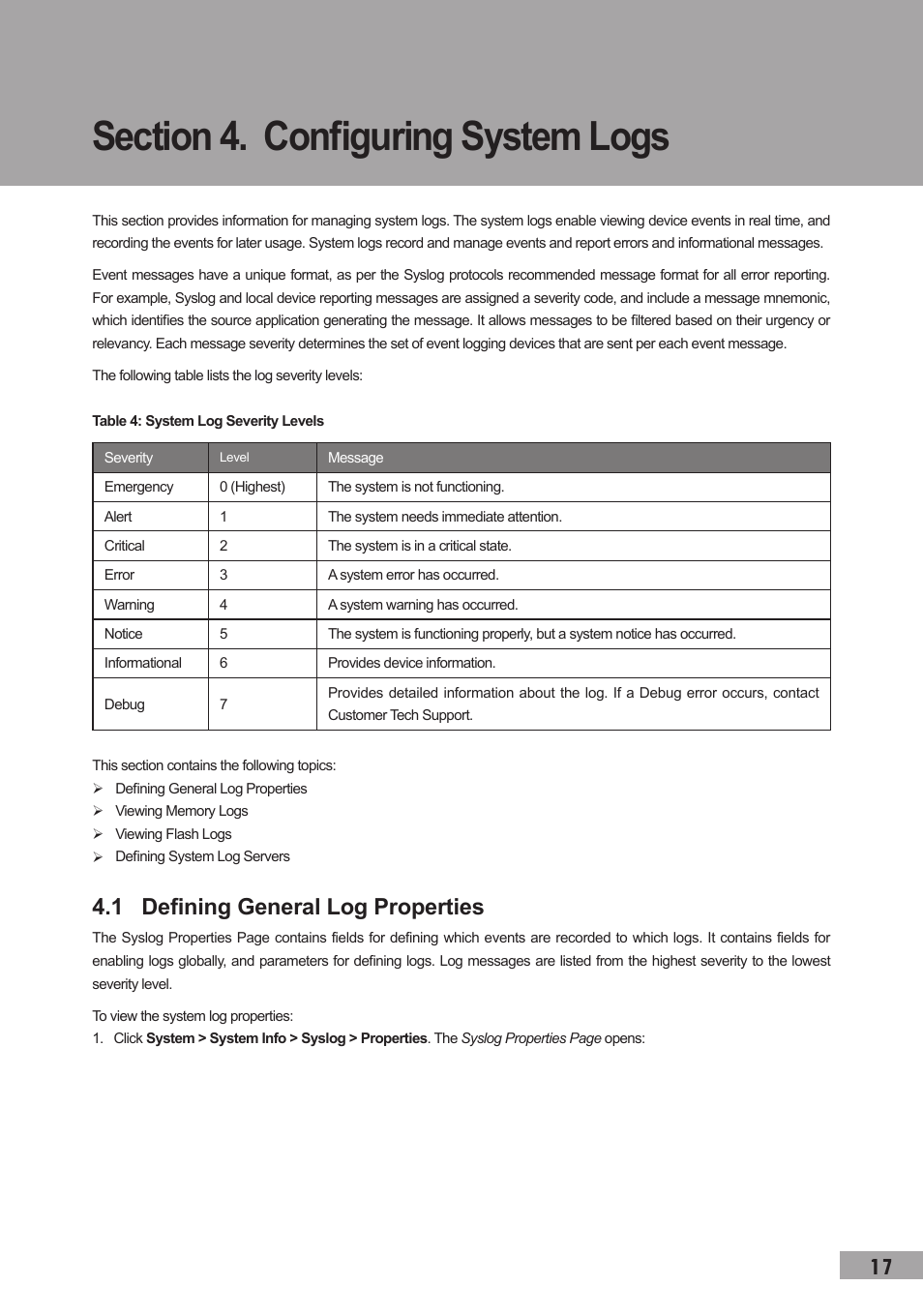 Section 4. configuring system logs, 1 defining general log properties | TP-Link TL-SL3452 User Manual | Page 24 / 120