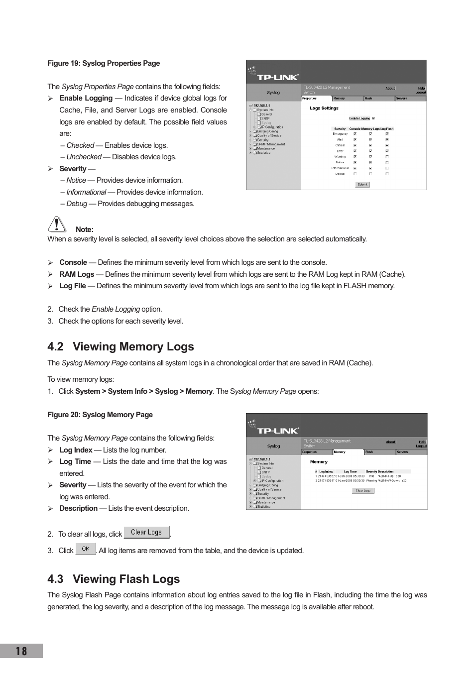 2 viewing memory logs, 3 viewing flash logs | TP-Link TL-SL3452 User Manual | Page 25 / 120