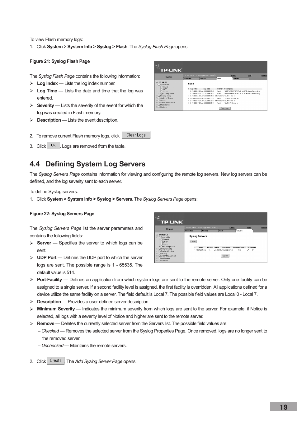 4 defining system log servers | TP-Link TL-SL3452 User Manual | Page 26 / 120