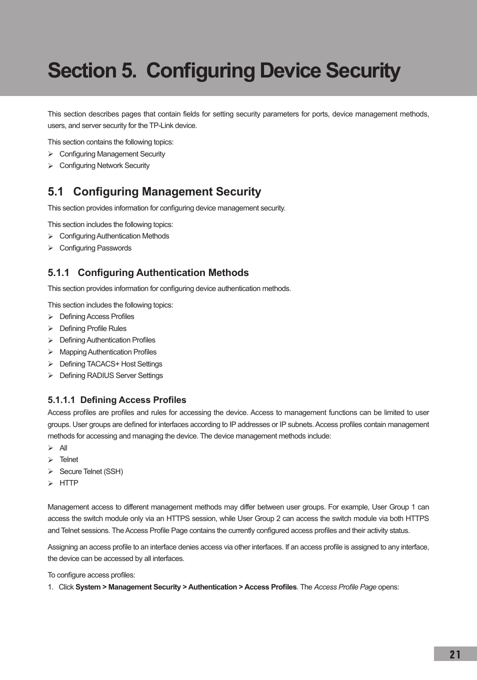 Section 5. configuring device security, 1 configuring management security, 1 configuring authentication methods | 1 defining access profiles | TP-Link TL-SL3452 User Manual | Page 28 / 120