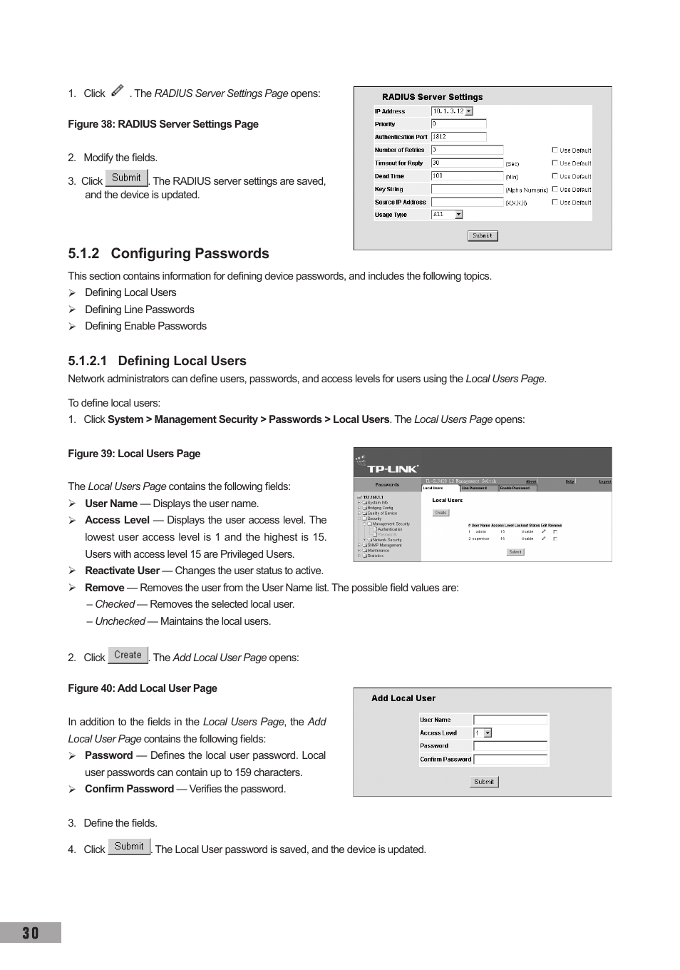 2 configuring passwords, 1 defining local users | TP-Link TL-SL3452 User Manual | Page 37 / 120