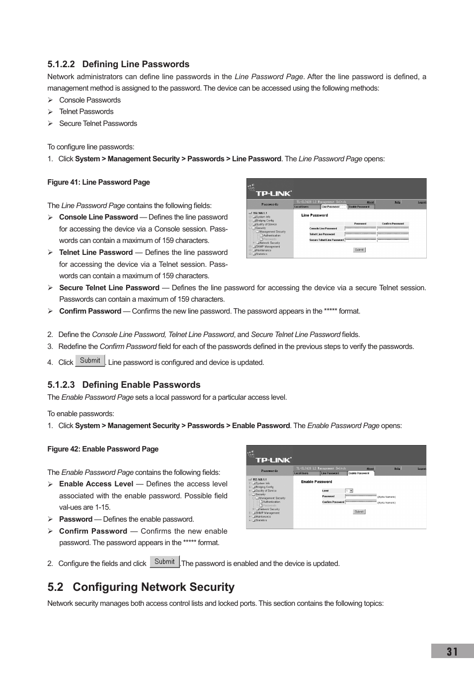 2 defining line passwords, 3 defining enable passwords, 2 configuring network security | TP-Link TL-SL3452 User Manual | Page 38 / 120