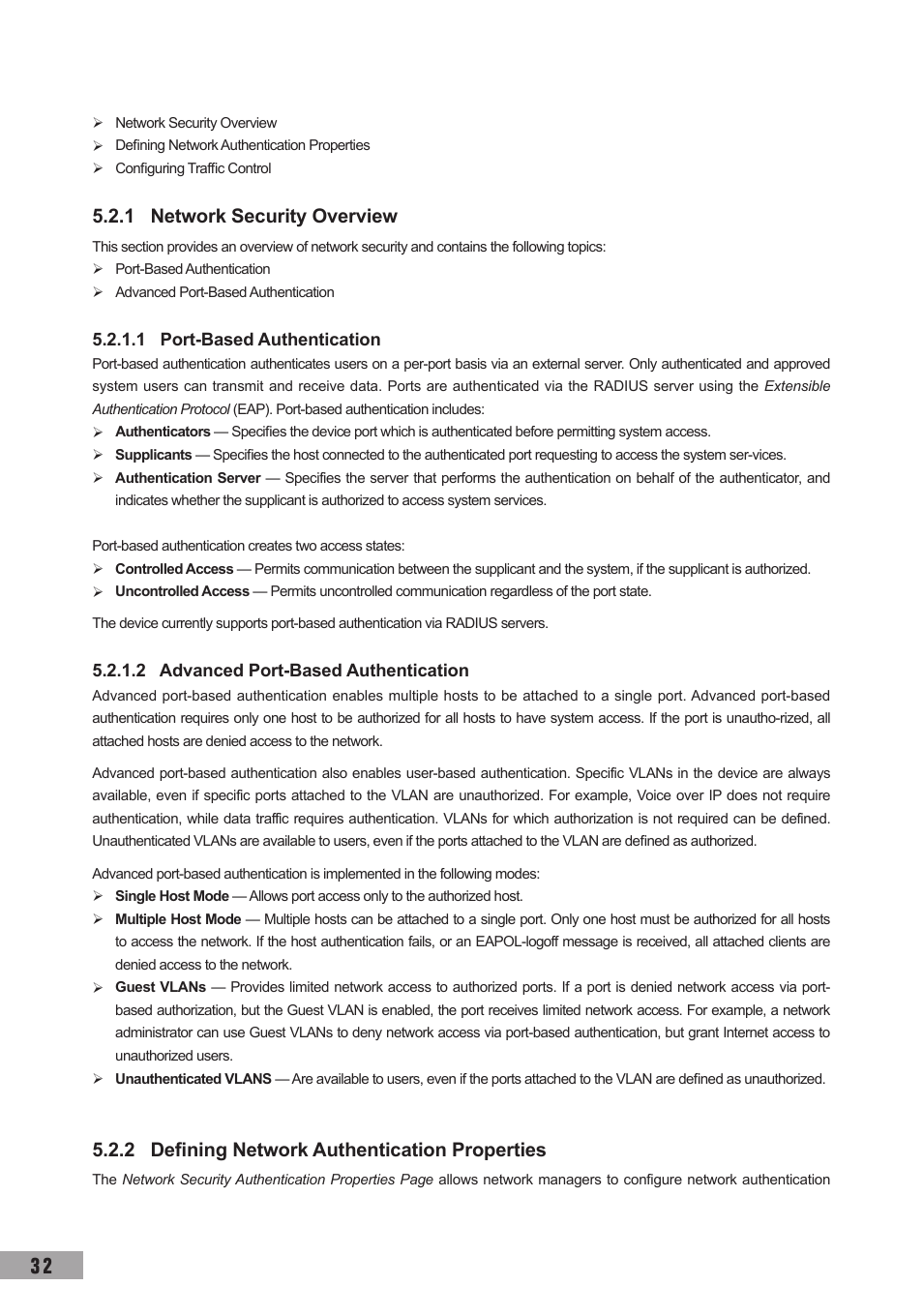 1 network security overview, 1 port-based authentication, 2 advanced port-based authentication | 2 defining network authentication properties | TP-Link TL-SL3452 User Manual | Page 39 / 120