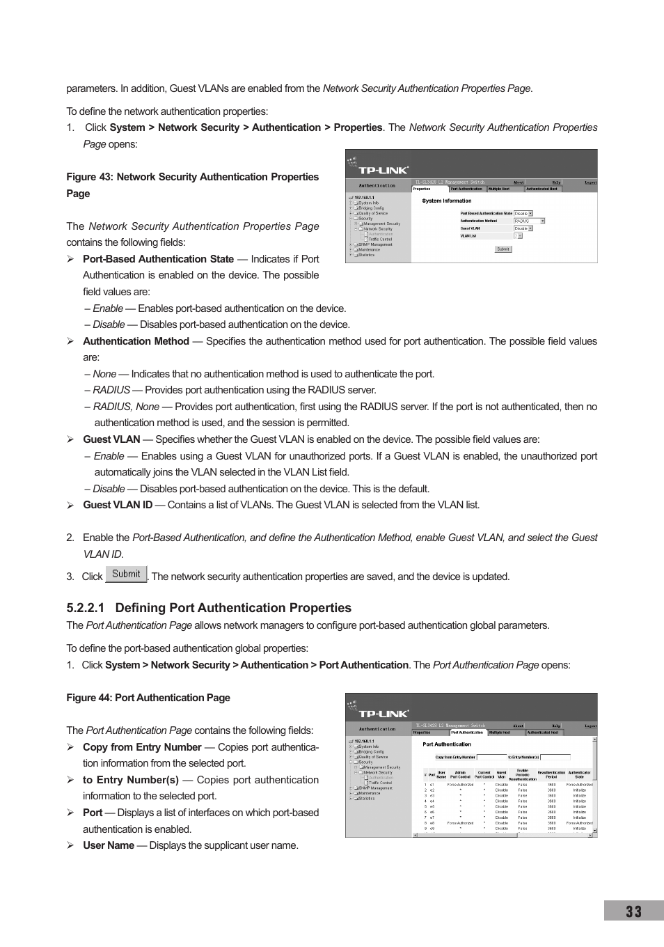 1 defining port authentication properties | TP-Link TL-SL3452 User Manual | Page 40 / 120