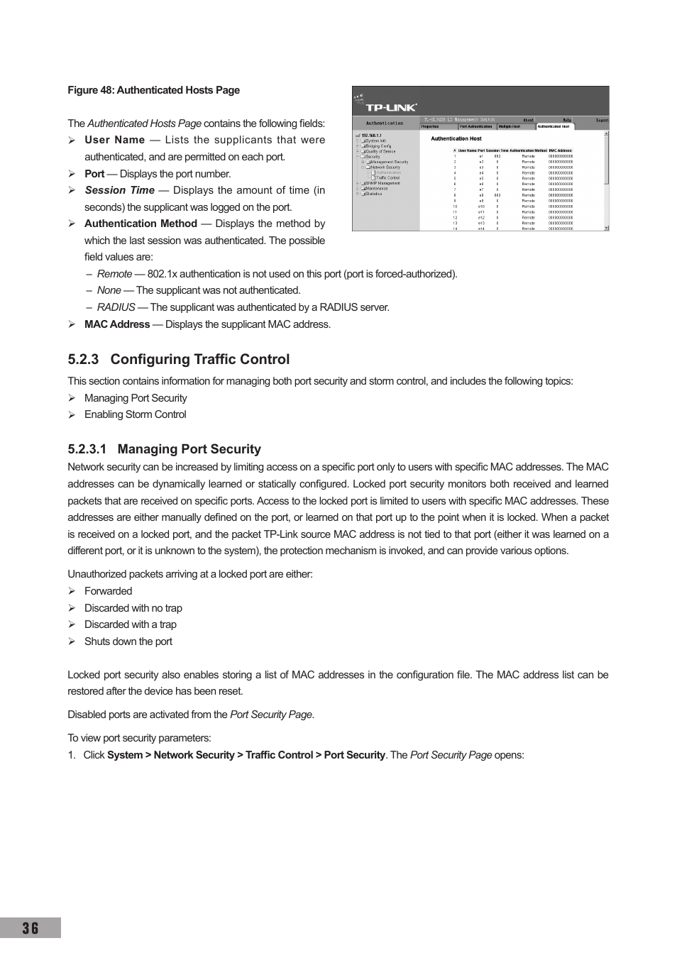 3 configuring traffic control, 1 managing port security | TP-Link TL-SL3452 User Manual | Page 43 / 120