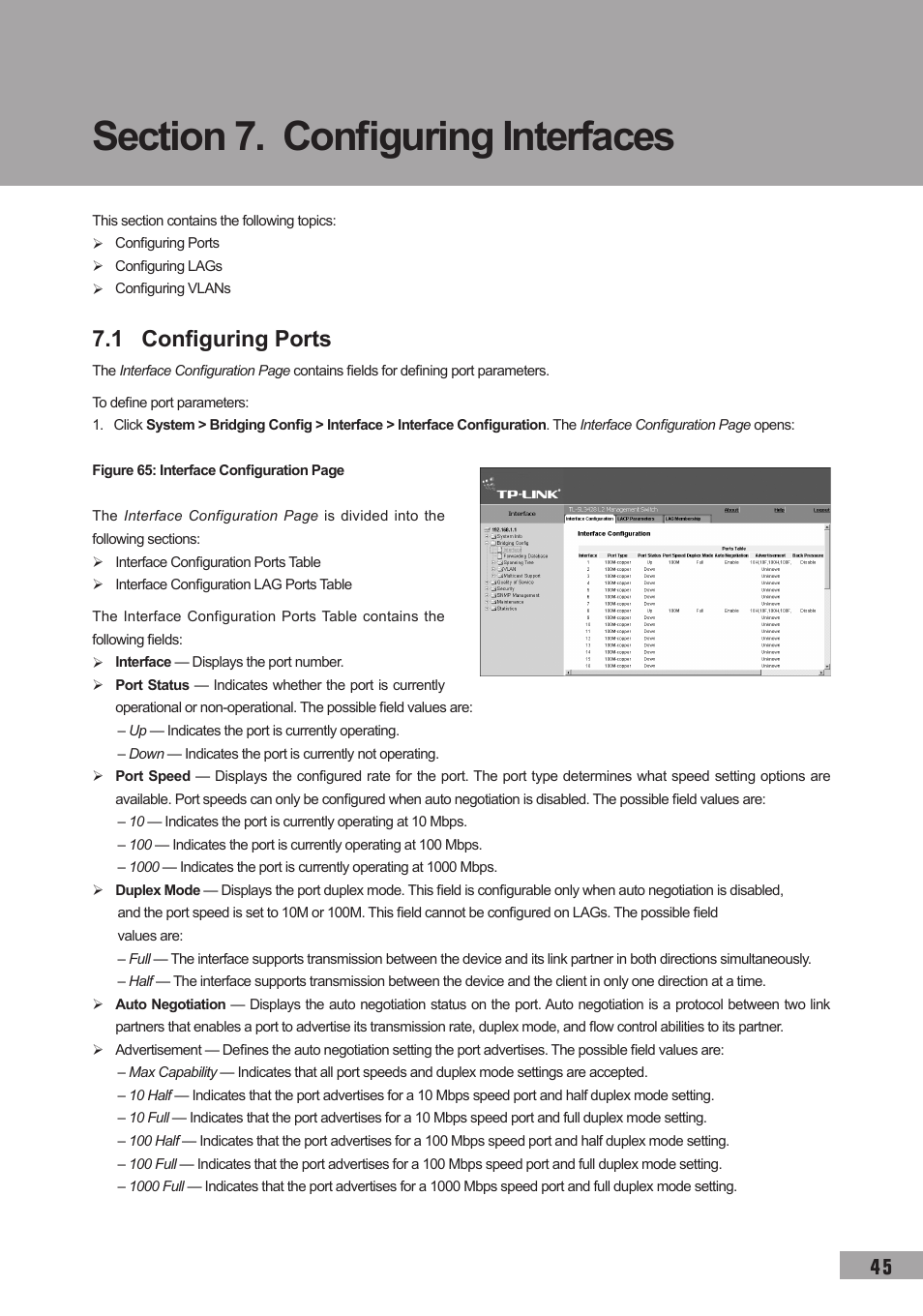 Section 7. configuring interfaces, 1 configuring ports | TP-Link TL-SL3452 User Manual | Page 52 / 120