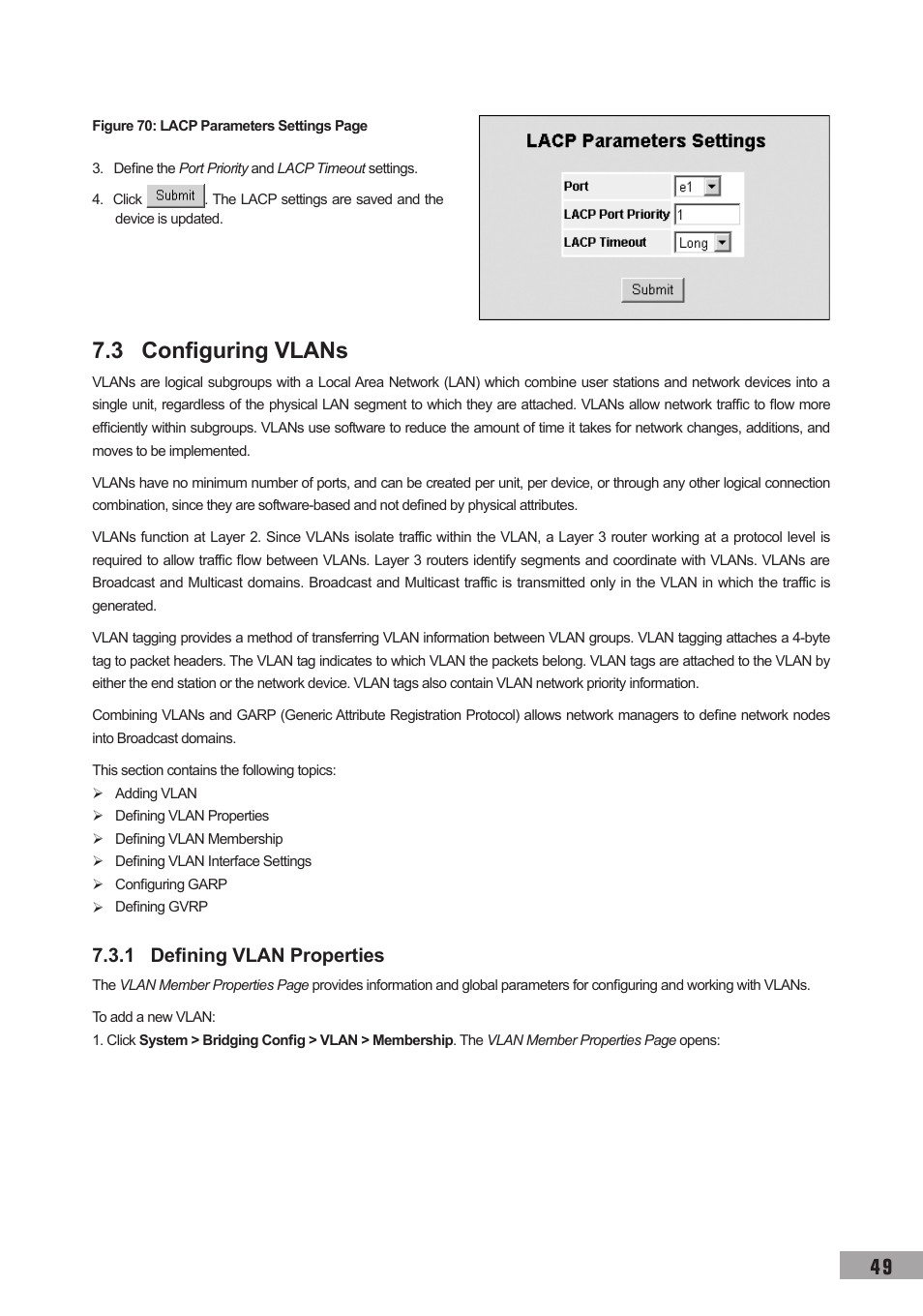 3 configuring vlans, 1 defining vlan properties, 3 configuring vlans 7.3.1 defining vlan properties | TP-Link TL-SL3452 User Manual | Page 56 / 120