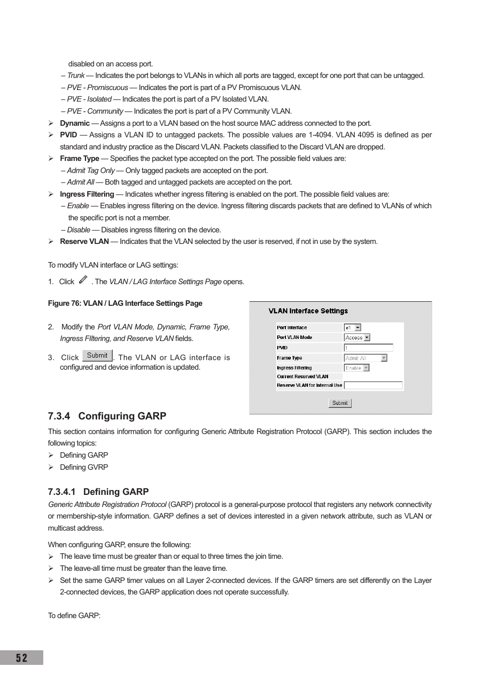 4 configuring garp, 1 defining garp, 4 configuring garp 7.3.4.1 defining garp | TP-Link TL-SL3452 User Manual | Page 59 / 120