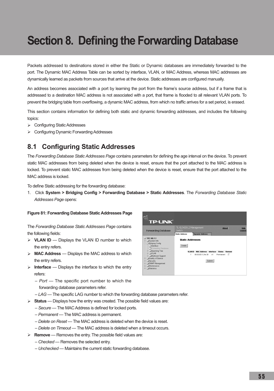 Section 8. defining the forwarding database, 1 configuring static addresses | TP-Link TL-SL3452 User Manual | Page 62 / 120