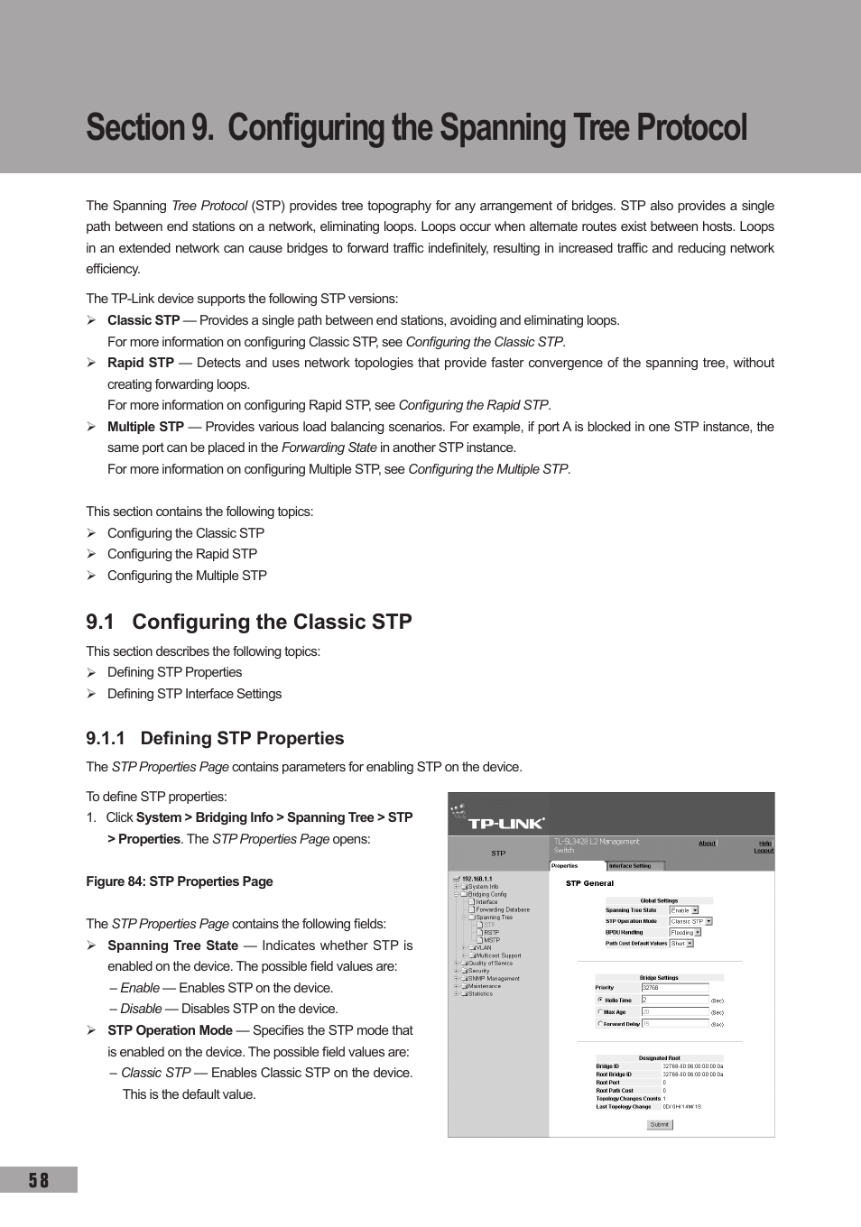 Section 9. configuring the spanning tree protocol, 1 configuring the classic stp, 1 defining stp properties | TP-Link TL-SL3452 User Manual | Page 65 / 120