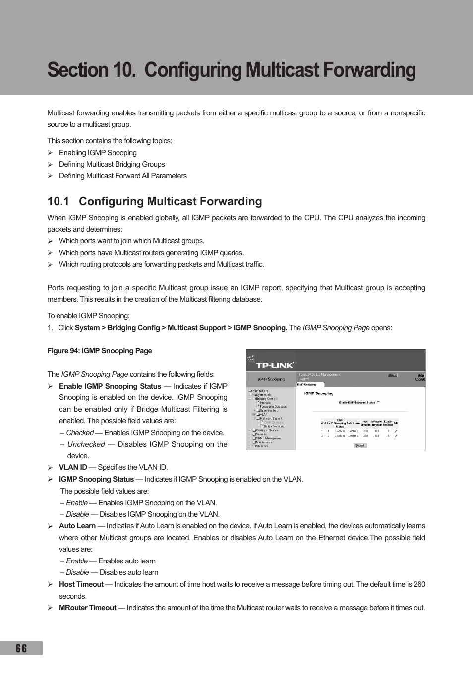 Section 10. configuring multicast forwarding, 1 configuring multicast forwarding | TP-Link TL-SL3452 User Manual | Page 73 / 120