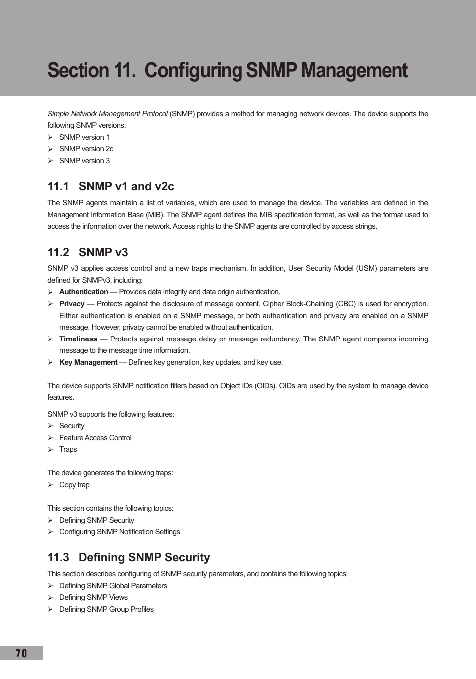 Section 11. configuring snmp management, 1 snmp v1 and v2c, 2 snmp v3 | 3 defining snmp security | TP-Link TL-SL3452 User Manual | Page 77 / 120