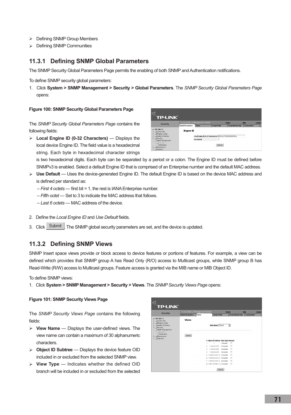 1 defining snmp global parameters, 2 defining snmp views | TP-Link TL-SL3452 User Manual | Page 78 / 120