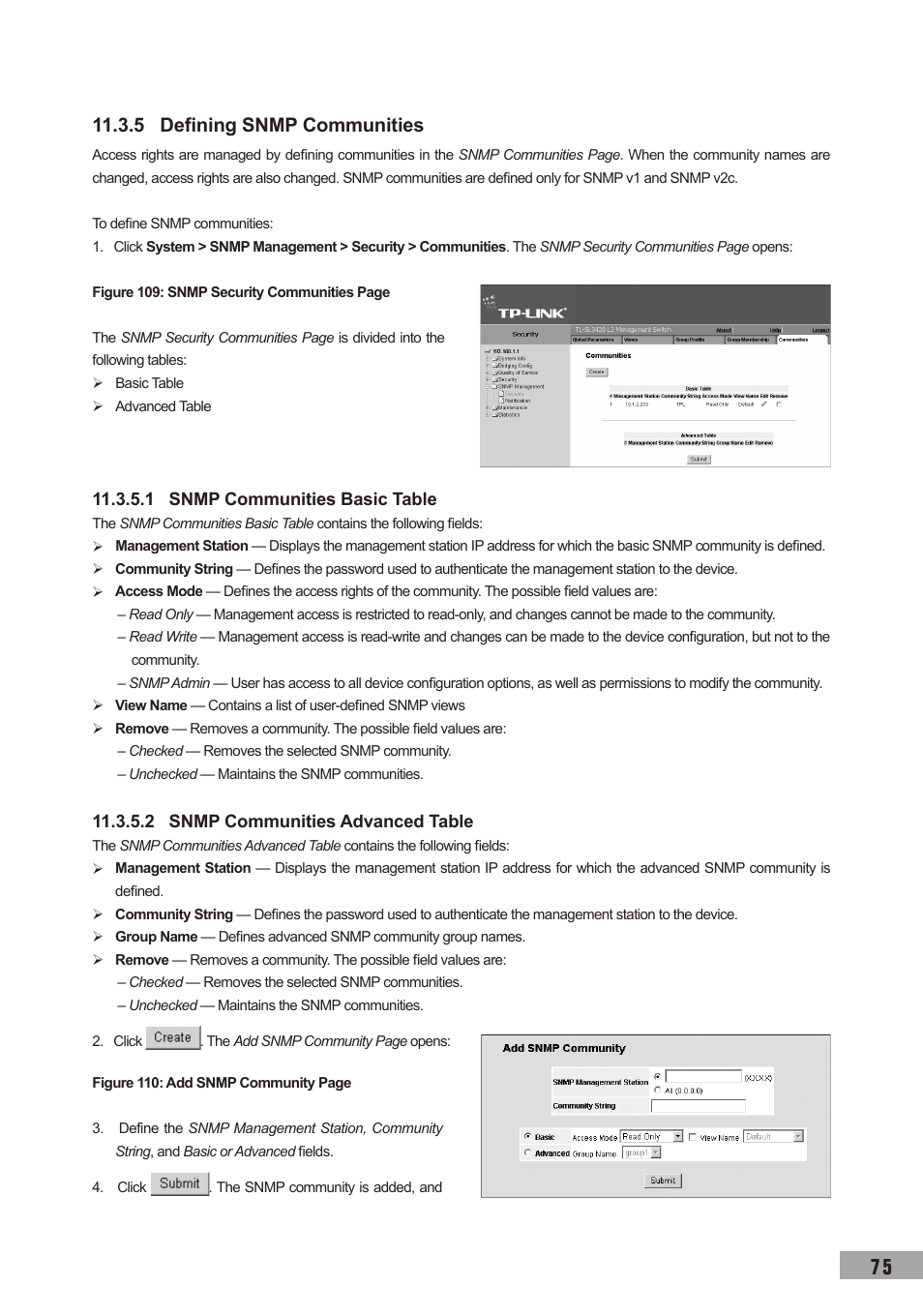 5 defining snmp communities, 1 snmp communities basic table, 2 snmp communities advanced table | TP-Link TL-SL3452 User Manual | Page 82 / 120