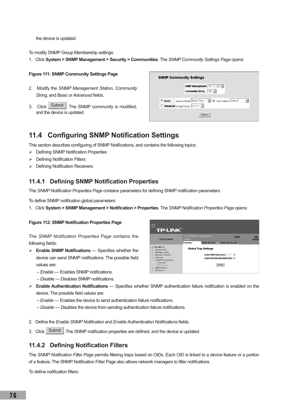 4 configuring snmp notification settings, 1 defining snmp notification properties, 2 defining notification filters | TP-Link TL-SL3452 User Manual | Page 83 / 120