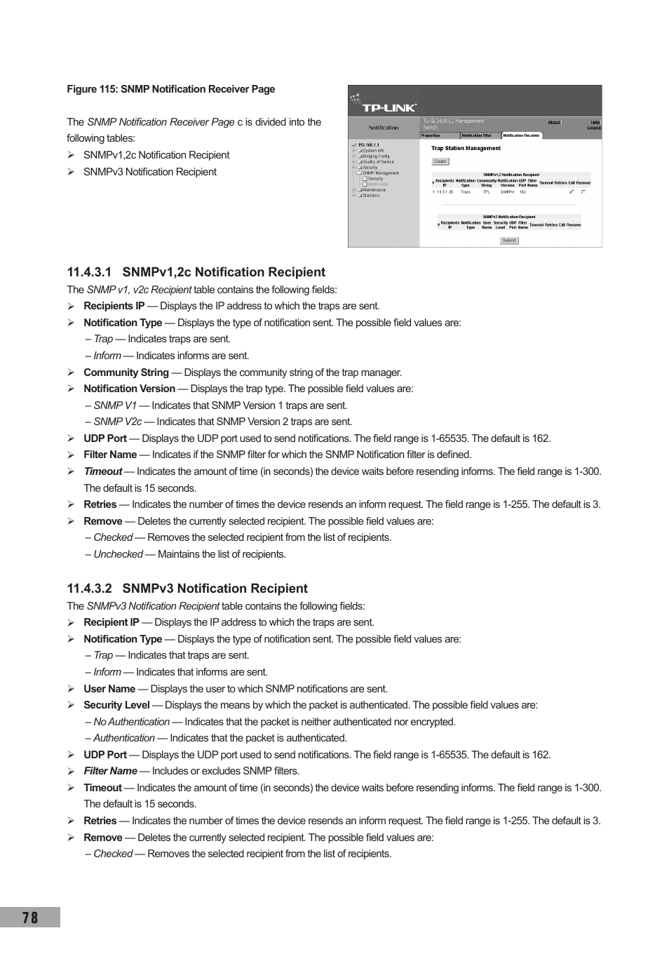 1 snmpv1,2c notification recipient, 2 snmpv3 notification recipient | TP-Link TL-SL3452 User Manual | Page 85 / 120