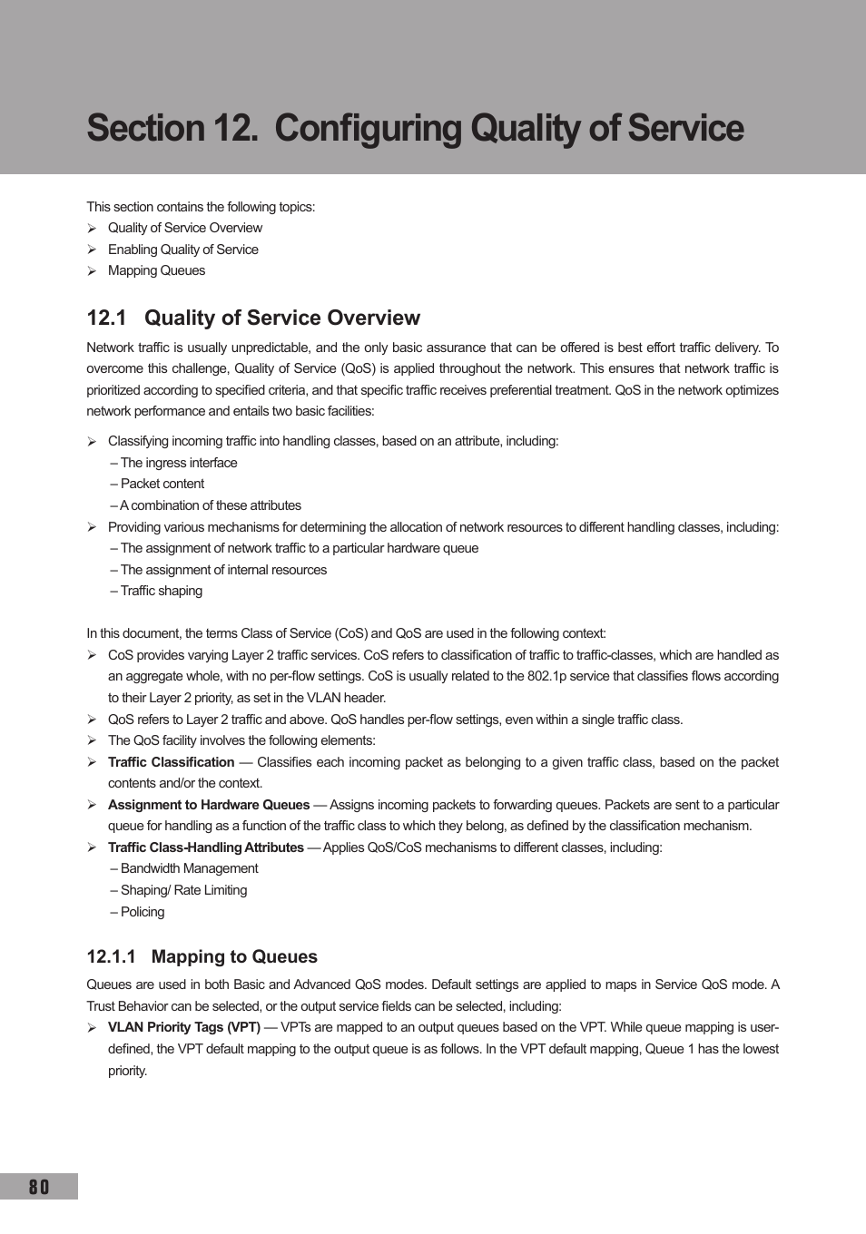 Section 12. configuring quality of service, 1 quality of service overview, 1 mapping to queues | TP-Link TL-SL3452 User Manual | Page 87 / 120