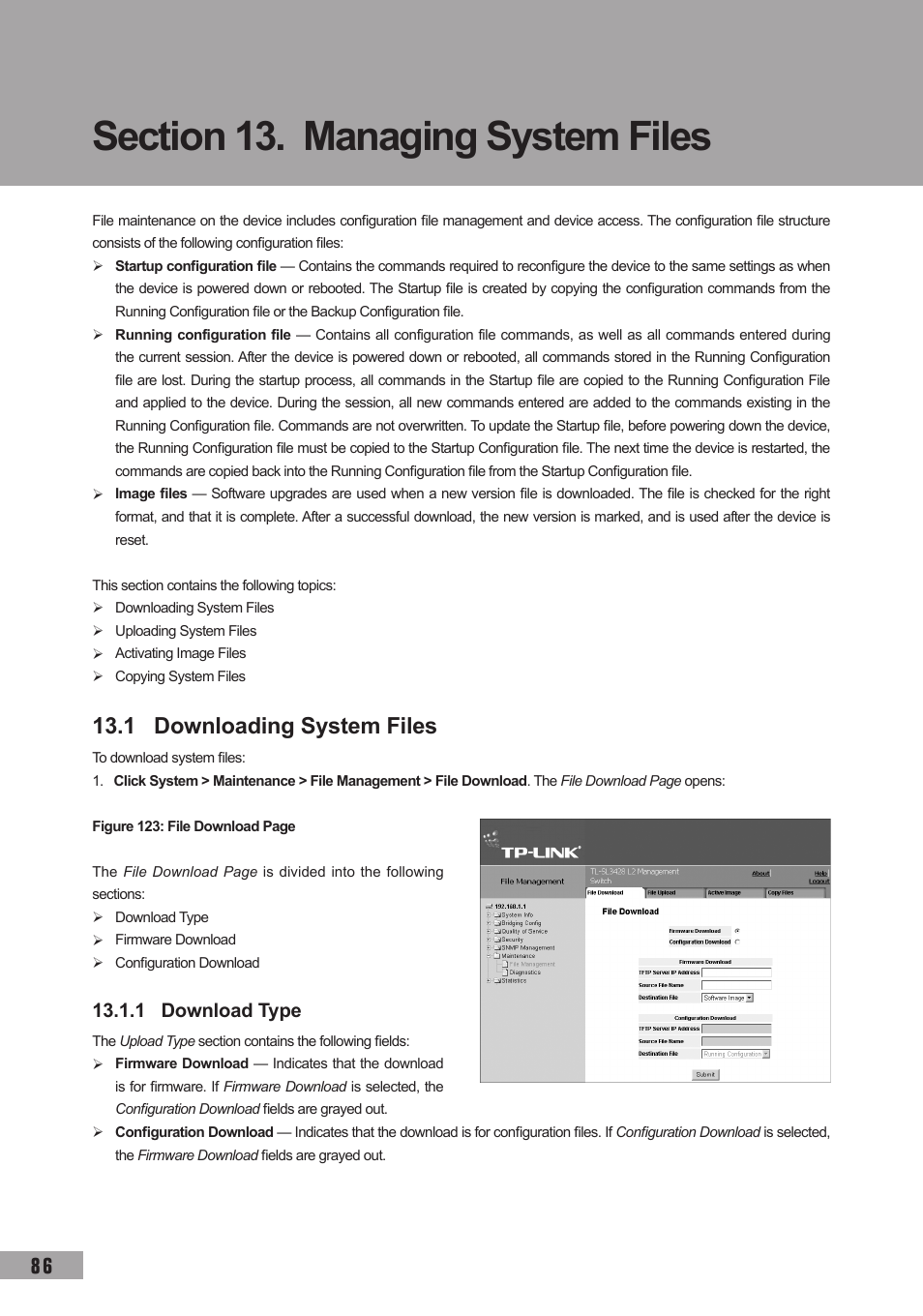 Section 13. managing system files, 1 downloading system files, 1 download type | 1 downloading system files 13.1.1 download type | TP-Link TL-SL3452 User Manual | Page 93 / 120