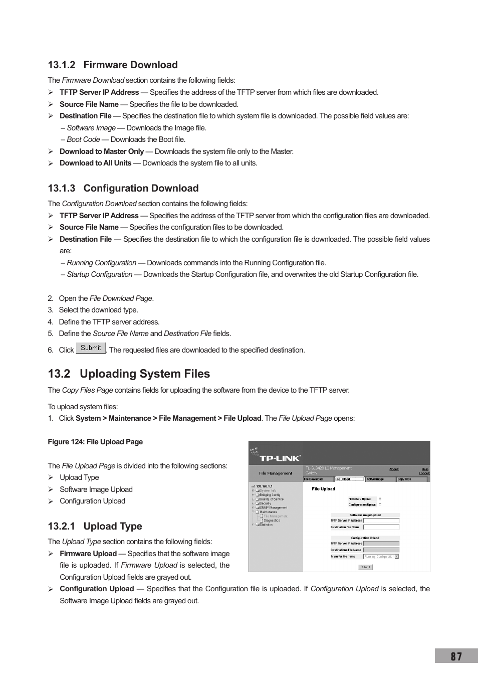 2 firmware download, 3 configuration download, 2 uploading system files | 1 upload type | TP-Link TL-SL3452 User Manual | Page 94 / 120