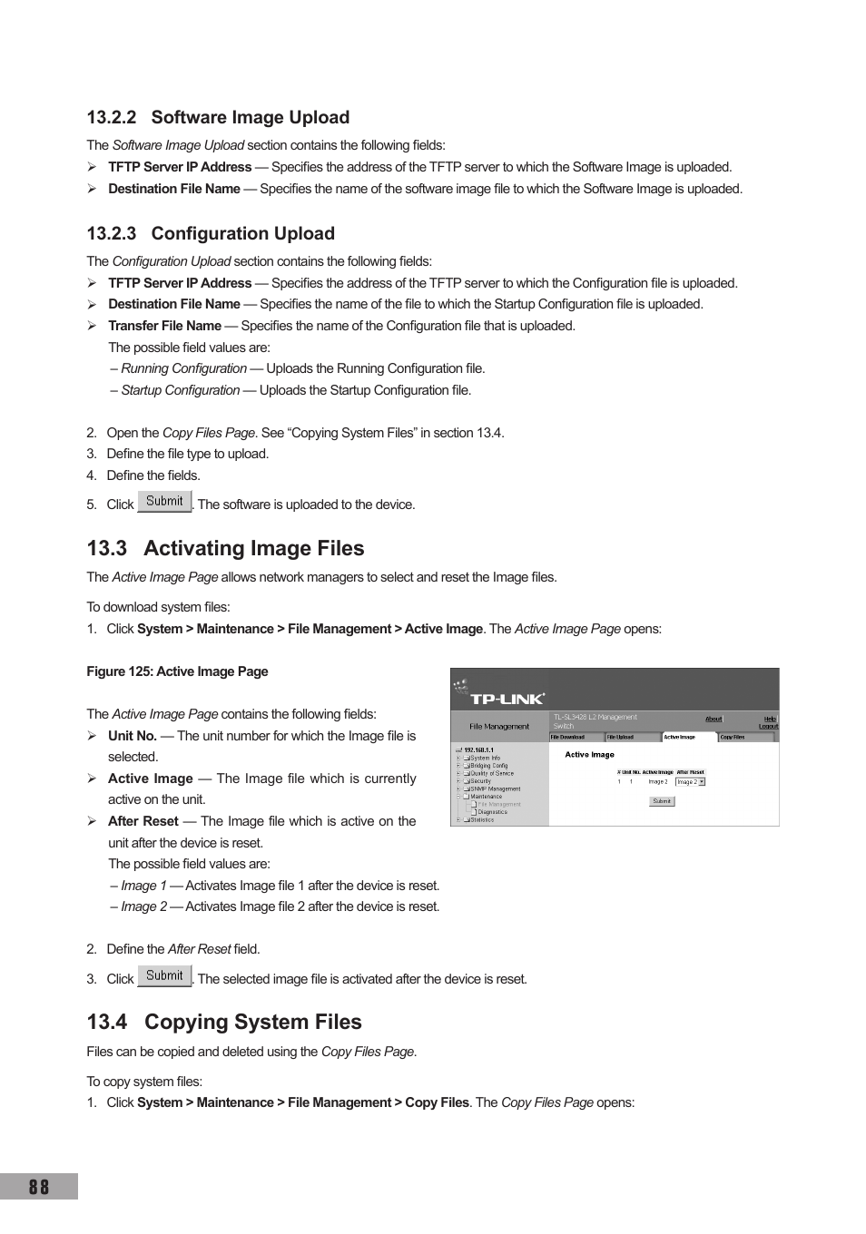 2 software image upload, 3 configuration upload, 3 activating image files | 4 copying system files | TP-Link TL-SL3452 User Manual | Page 95 / 120