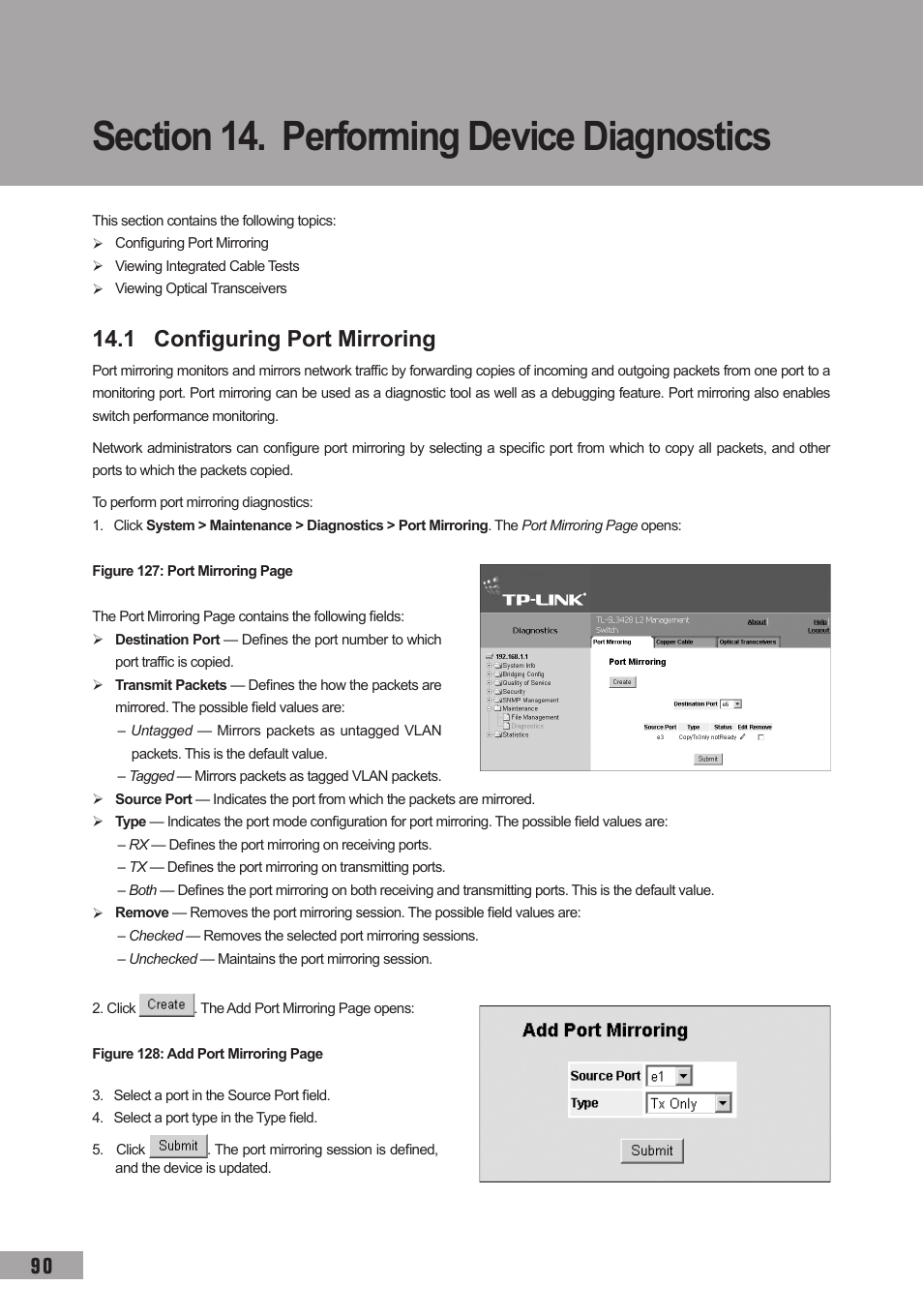 Section 14. performing device diagnostics, 1 configuring port mirroring | TP-Link TL-SL3452 User Manual | Page 97 / 120