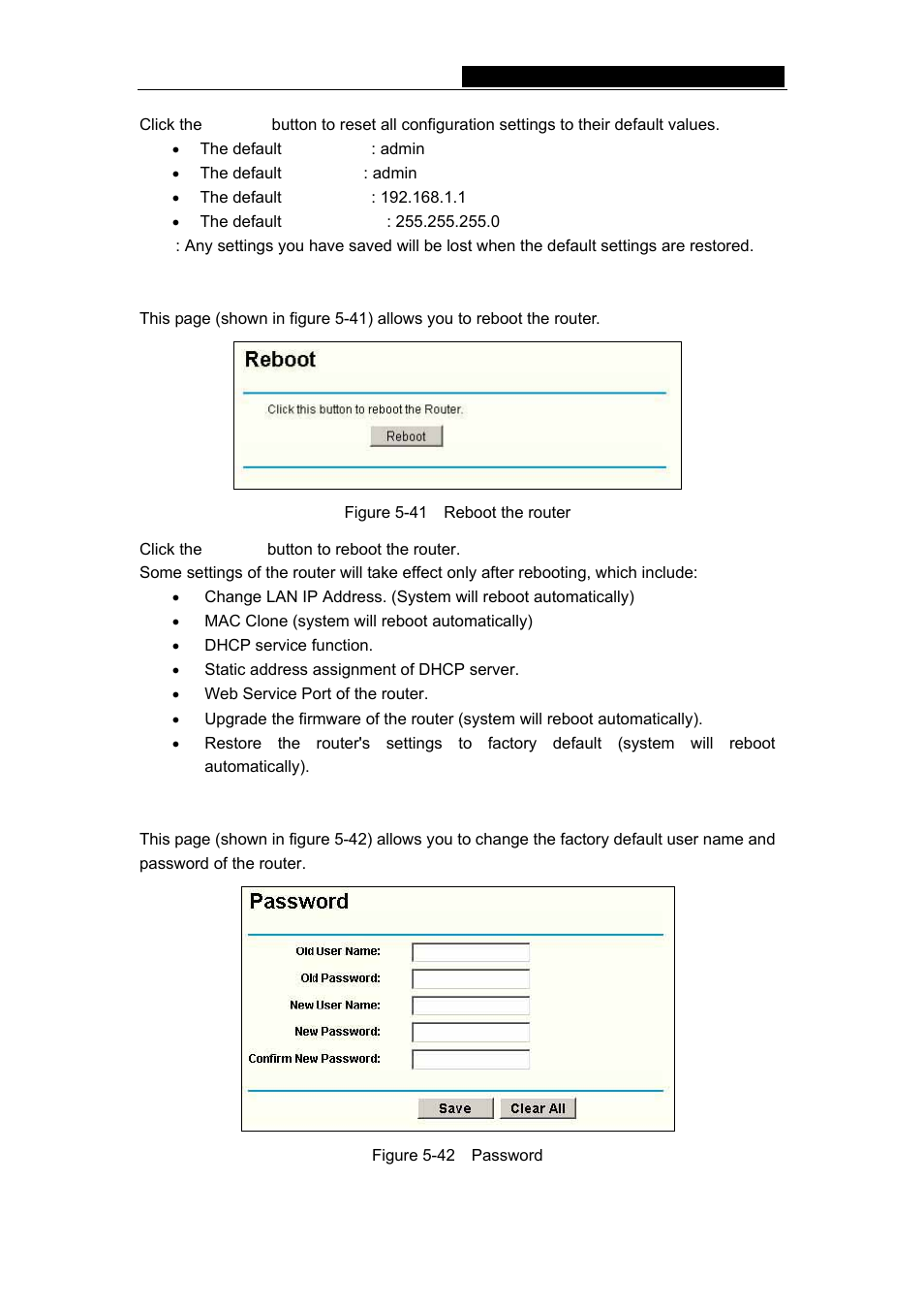 4 reboot, 5 password, 4 reboot 5.11.5 password | Section, "rebooting the router | TP-Link TL-WR542G User Manual | Page 52 / 67
