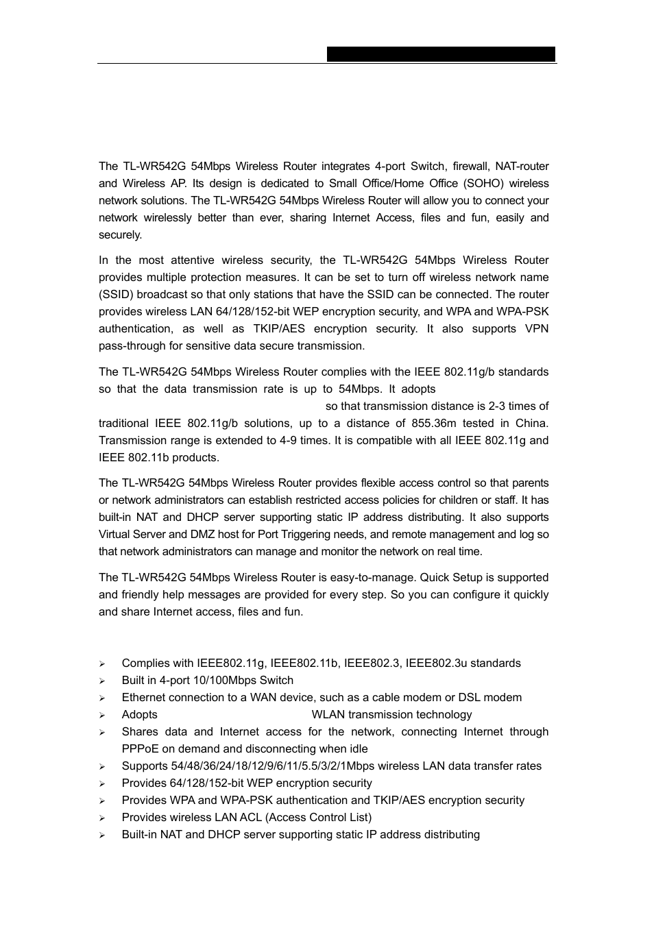 Chapter 2: introduction, 1 overview of the router, 2 features | 1 overview of the router 2.2 features | TP-Link TL-WR542G User Manual | Page 7 / 67