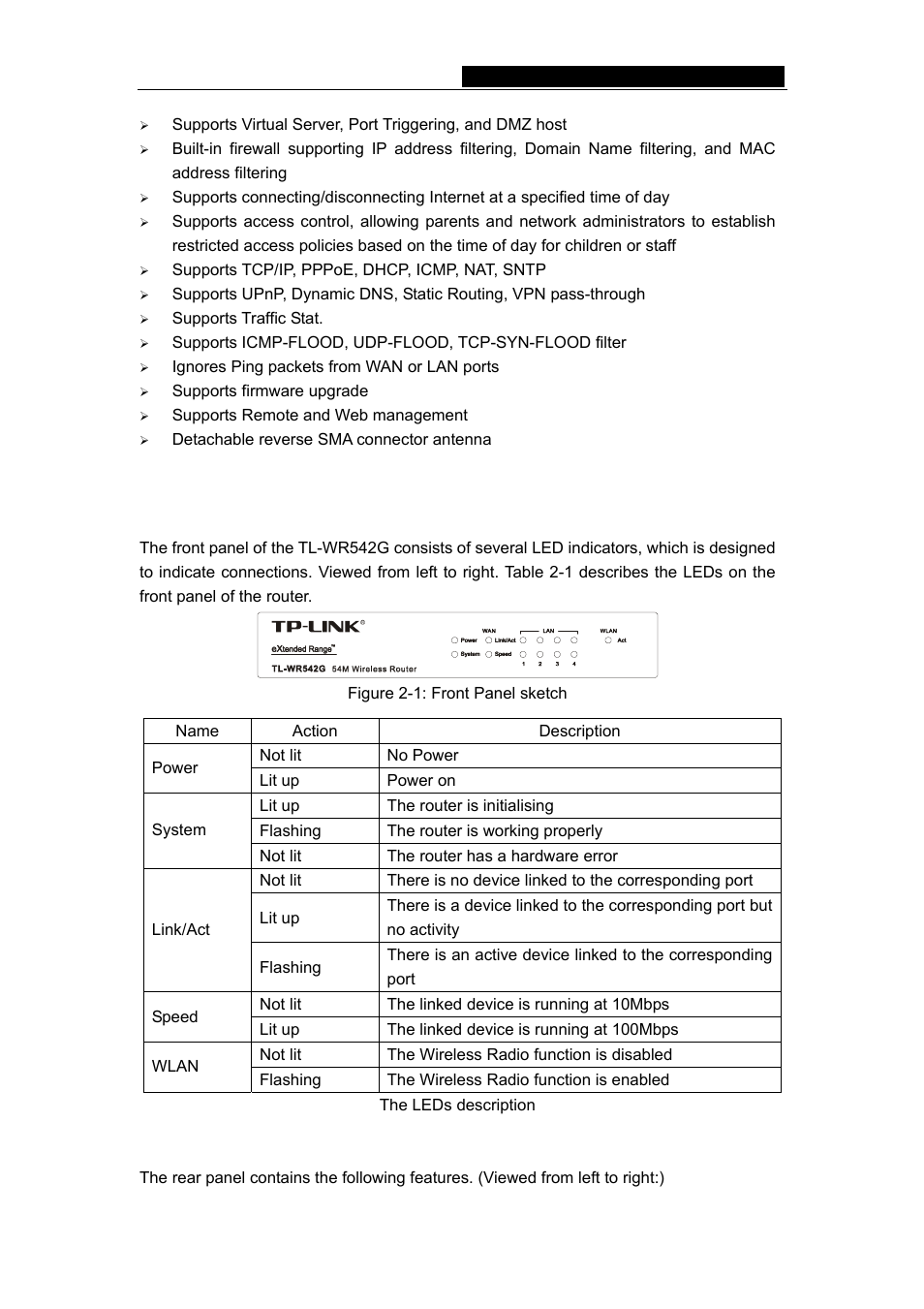 3 panel layout, 1 the front panel, 2 the rear panel | 1 the front panel 2.3.2 the rear panel | TP-Link TL-WR542G User Manual | Page 8 / 67