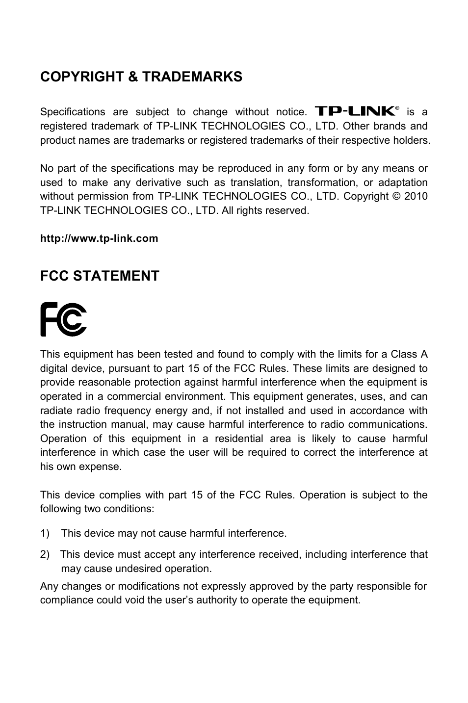 Copyright & trademarks, Fcc statement | TP-Link TL-SL1210 User Manual | Page 2 / 12