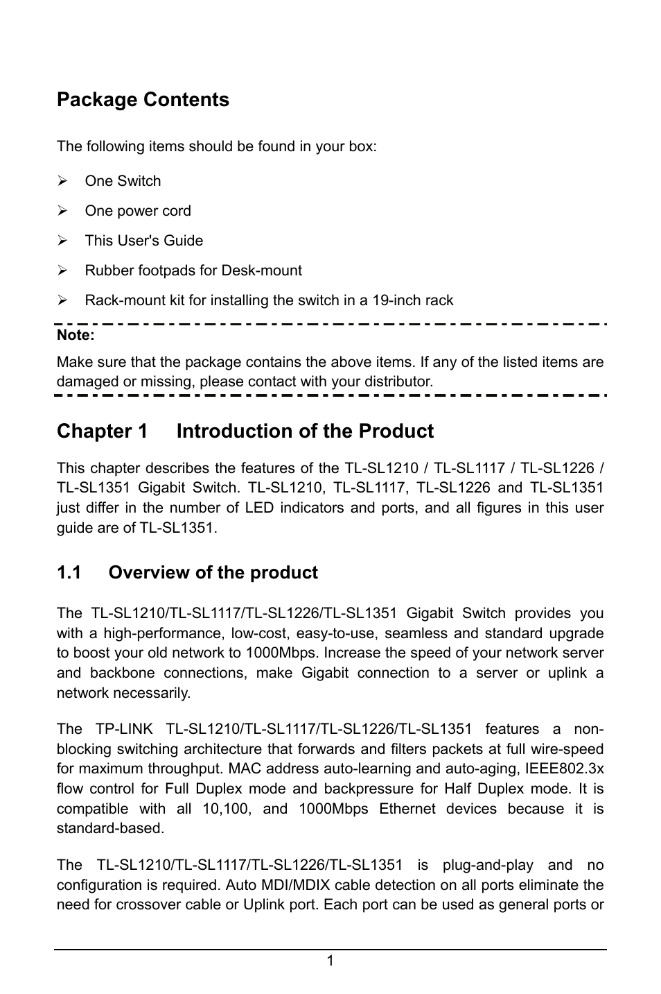 Package contents, Chapter 1 introduction of the product, 1 overview of the product | Chapter 1, Introduction of the product, Overview of the product | TP-Link TL-SL1210 User Manual | Page 5 / 12