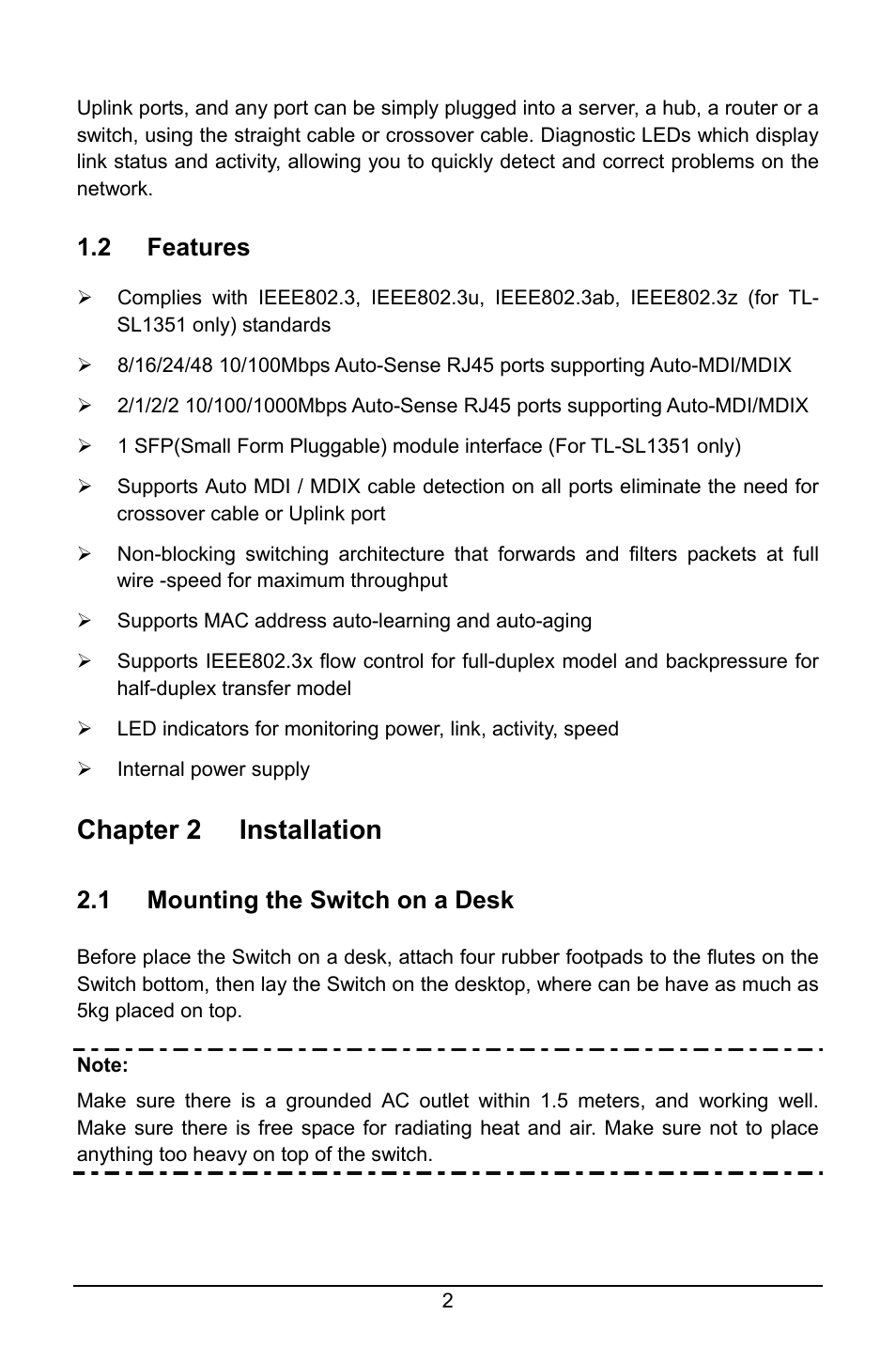 2 features, Chapter 2 installation, 1 mounting the switch on a desk | Features, Chapter 2, Installation, Mounting the switch on a desk | TP-Link TL-SL1210 User Manual | Page 6 / 12