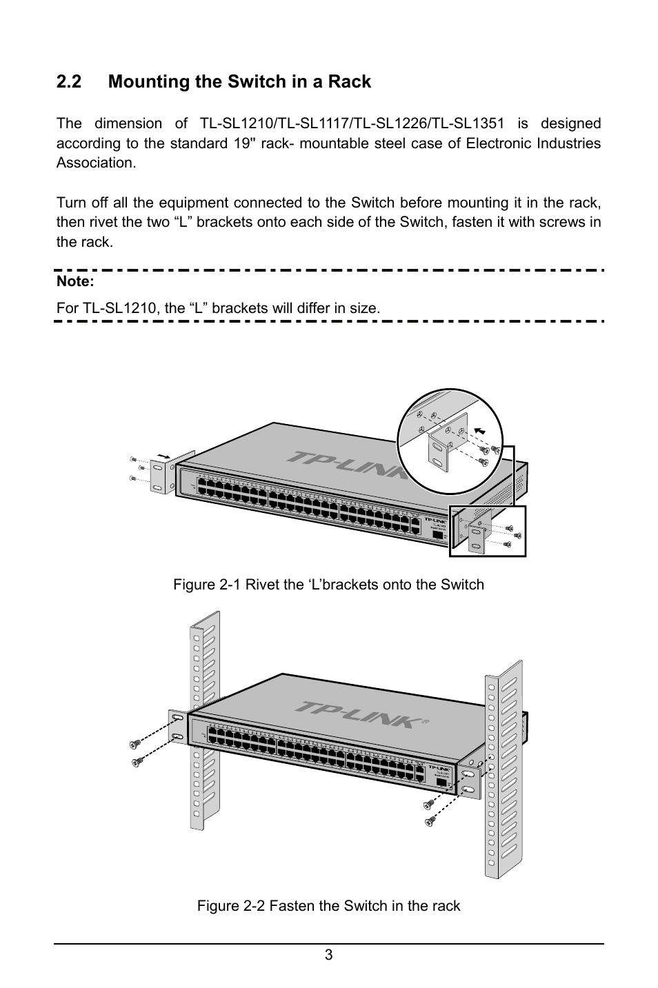 2 mounting the switch in a rack, Mounting the switch in a rack | TP-Link TL-SL1210 User Manual | Page 7 / 12