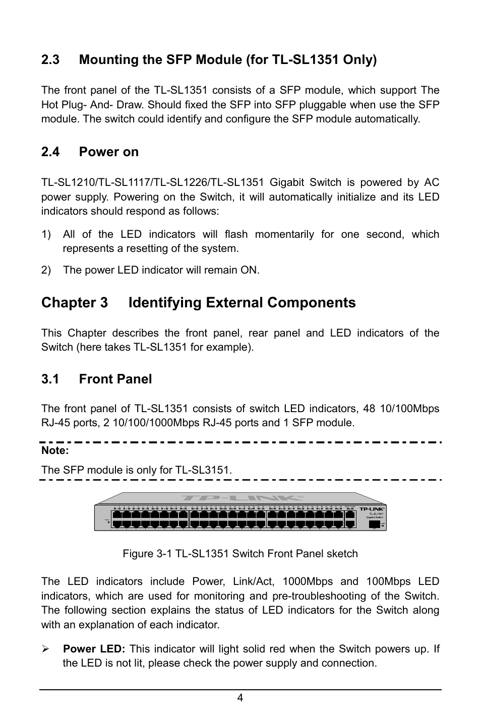 3 mounting the sfp module (for tl-sl1351 only), 4 power on, Chapter 3 identifying external components | 1 front panel, Mounting the sfp module (for tl-sl1351 only), Power on, Chapter 3, Identifying external components, Front panel | TP-Link TL-SL1210 User Manual | Page 8 / 12