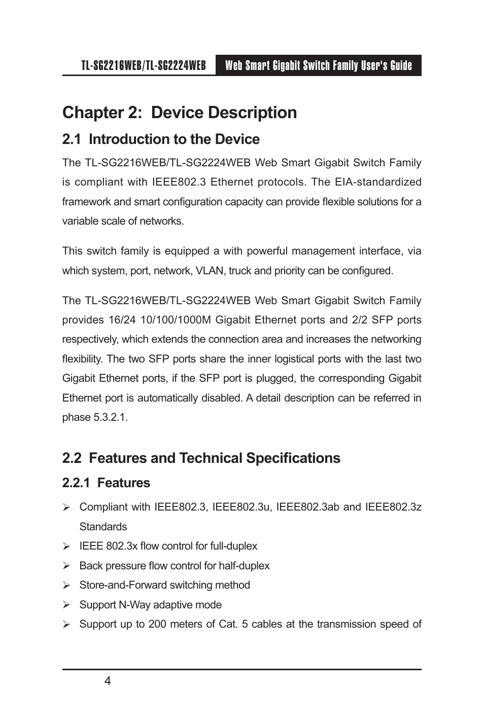 Chapter 2: device description, 1 introduction to the device, 2 features and technical specifications | 1 features | TP-Link TL-SG2224WEB User Manual | Page 11 / 75