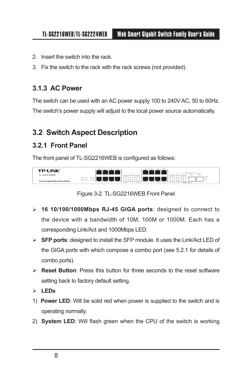 3 ac power, 2 switch aspect description, 1 front panel | TP-Link TL-SG2224WEB User Manual | Page 15 / 75