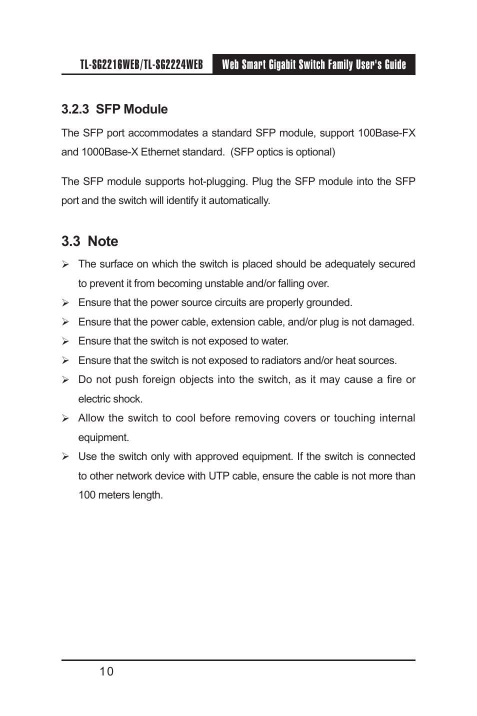 3 sfp module, 3 note, 3 sfp module 3.3 note | TP-Link TL-SG2224WEB User Manual | Page 17 / 75