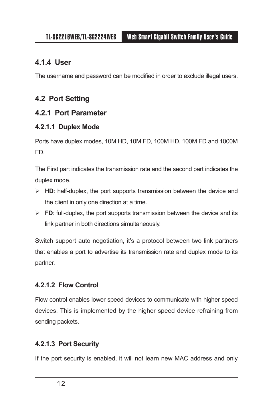 4 user, 2 port setting, 1 port parameter | 1 duplex mode, 2 flow control, 3 port security | TP-Link TL-SG2224WEB User Manual | Page 19 / 75