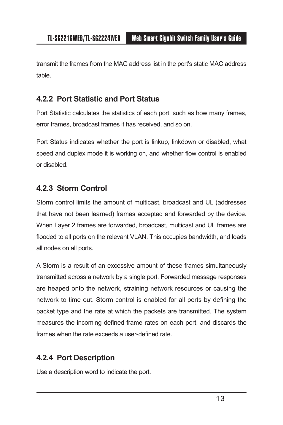 2 port statistic and port status, 3 storm control, 4 port description | TP-Link TL-SG2224WEB User Manual | Page 20 / 75