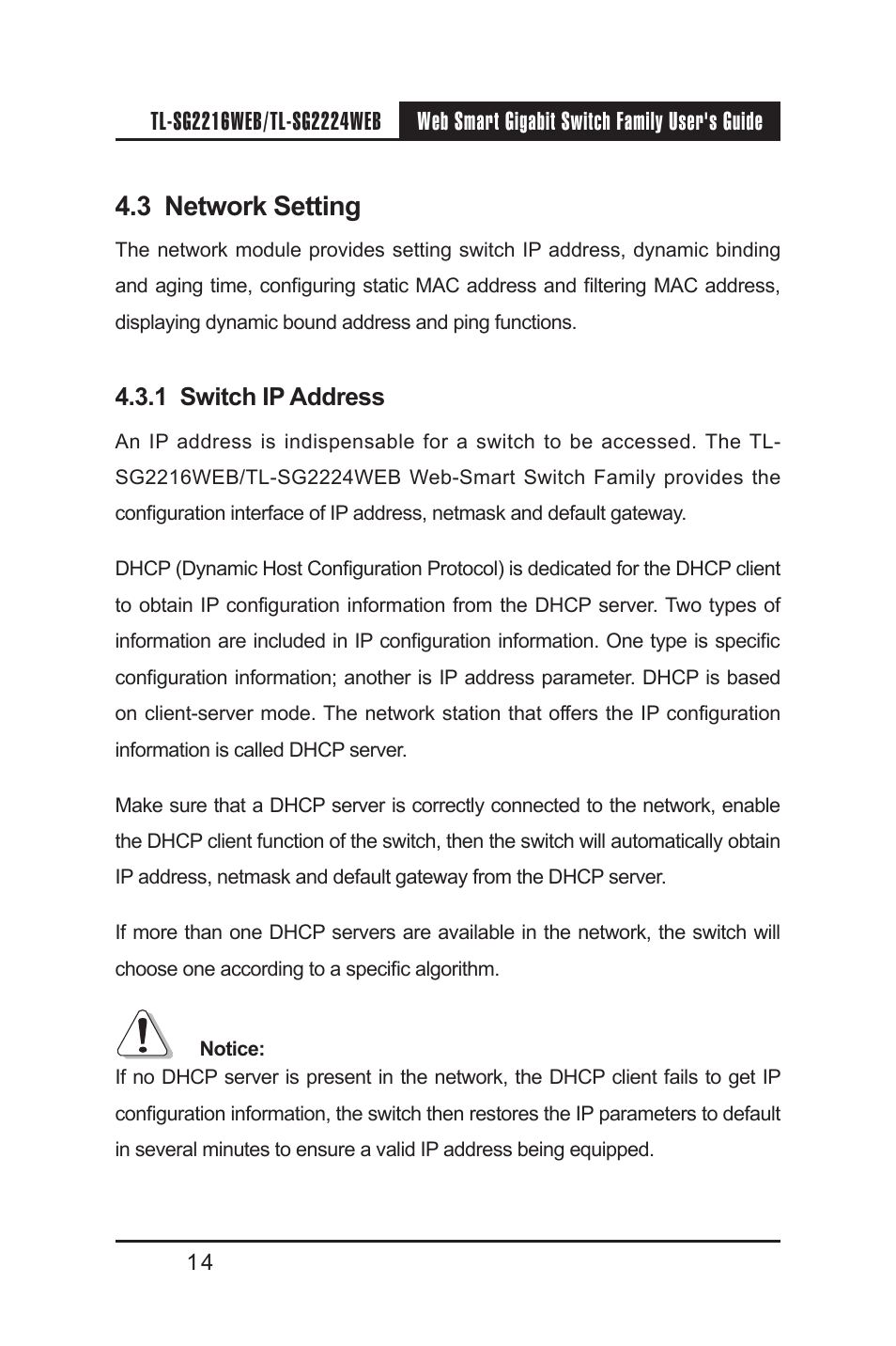 3 network setting, 1 switch ip address, 3 network setting 4.3.1 switch ip address | TP-Link TL-SG2224WEB User Manual | Page 21 / 75