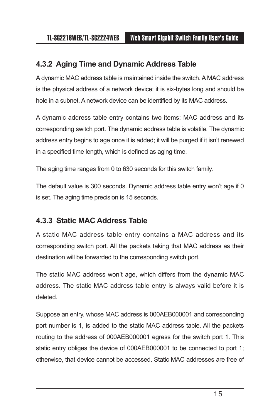2 aging time and dynamic address table, 3 static mac address table | TP-Link TL-SG2224WEB User Manual | Page 22 / 75