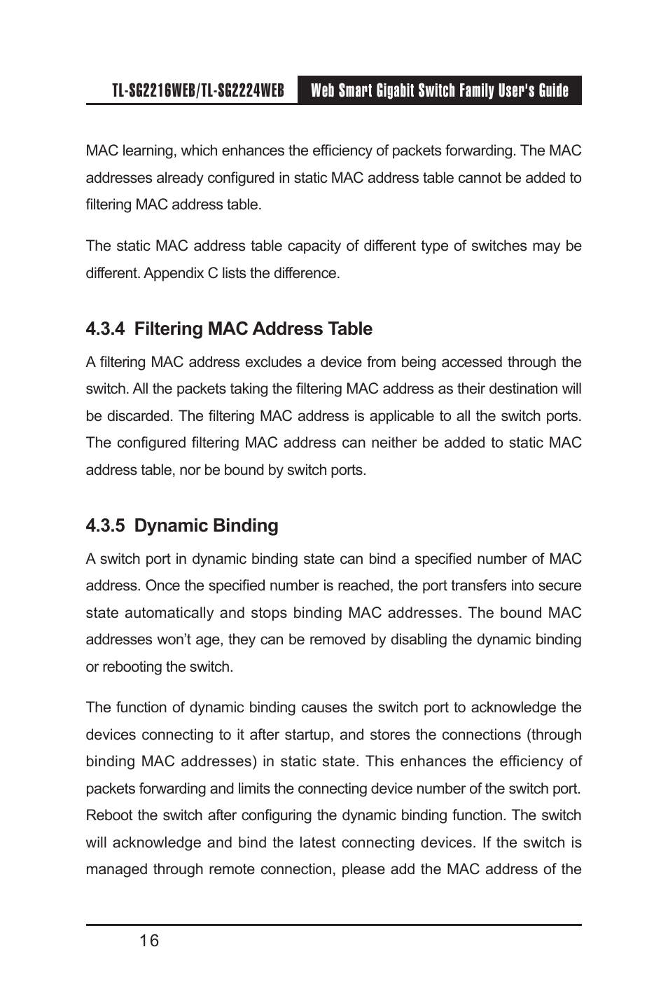 4 filtering mac address table, 5 dynamic binding | TP-Link TL-SG2224WEB User Manual | Page 23 / 75