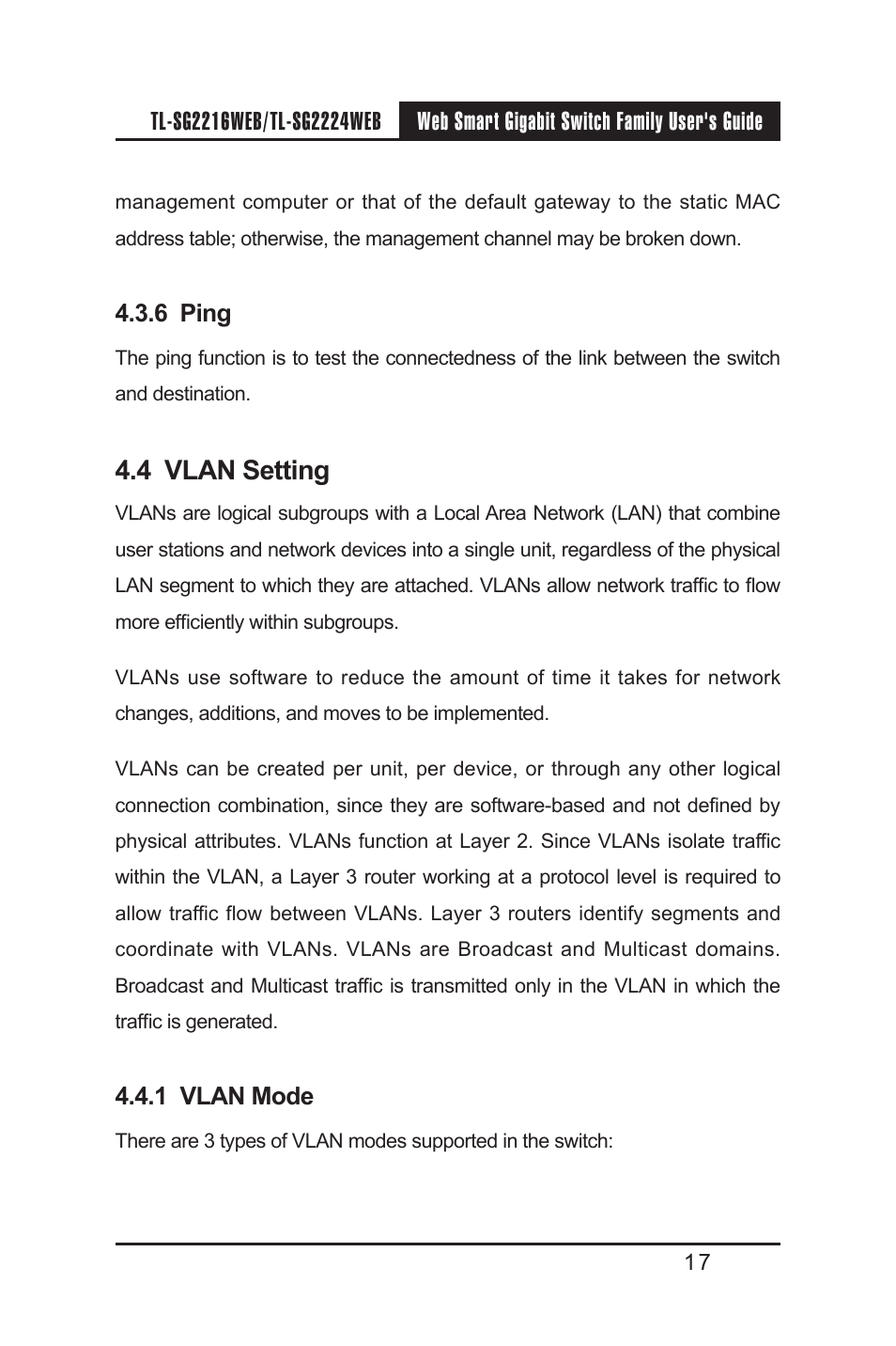 6 ping, 4 vlan setting, 1 vlan mode | 6 ping 4.4 vlan setting 4.4.1 vlan mode | TP-Link TL-SG2224WEB User Manual | Page 24 / 75