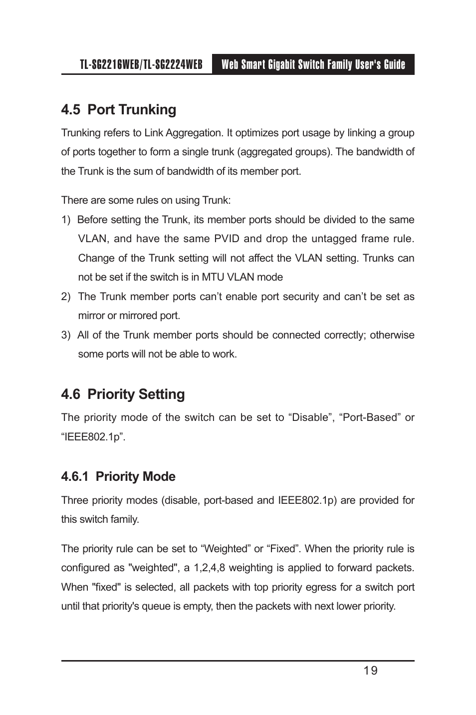 5 port trunking, 6 priority setting, 1 priority mode | TP-Link TL-SG2224WEB User Manual | Page 26 / 75