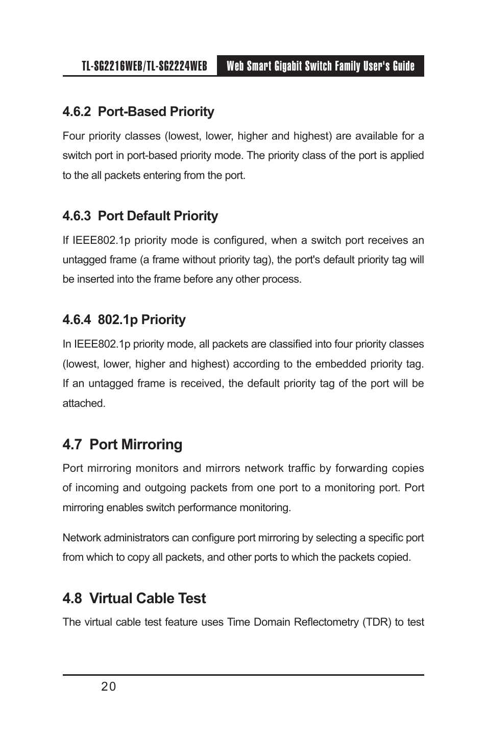 2 port-based priority, 3 port default priority, 4 802.1p priority | 7 port mirroring, 8 virtual cable test, 2 port-based priority 4.6.3 port default priority | TP-Link TL-SG2224WEB User Manual | Page 27 / 75