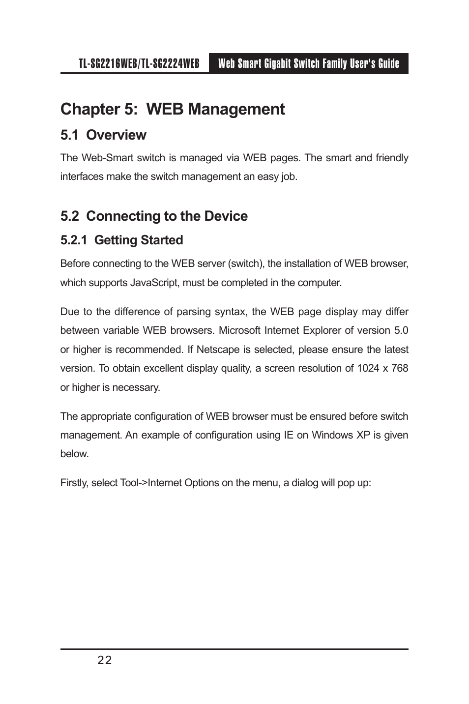 Chapter 5: web management, 1 overview, 2 connecting to the device | 1 getting started | TP-Link TL-SG2224WEB User Manual | Page 29 / 75