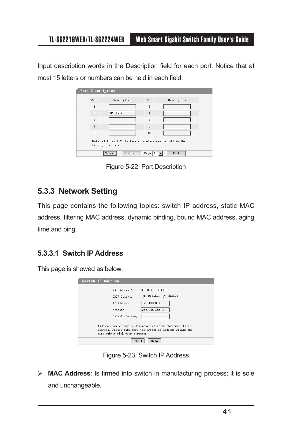 3 network setting, 1 switch ip address, 3 network setting 5.3.3.1 switch ip address | TP-Link TL-SG2224WEB User Manual | Page 48 / 75
